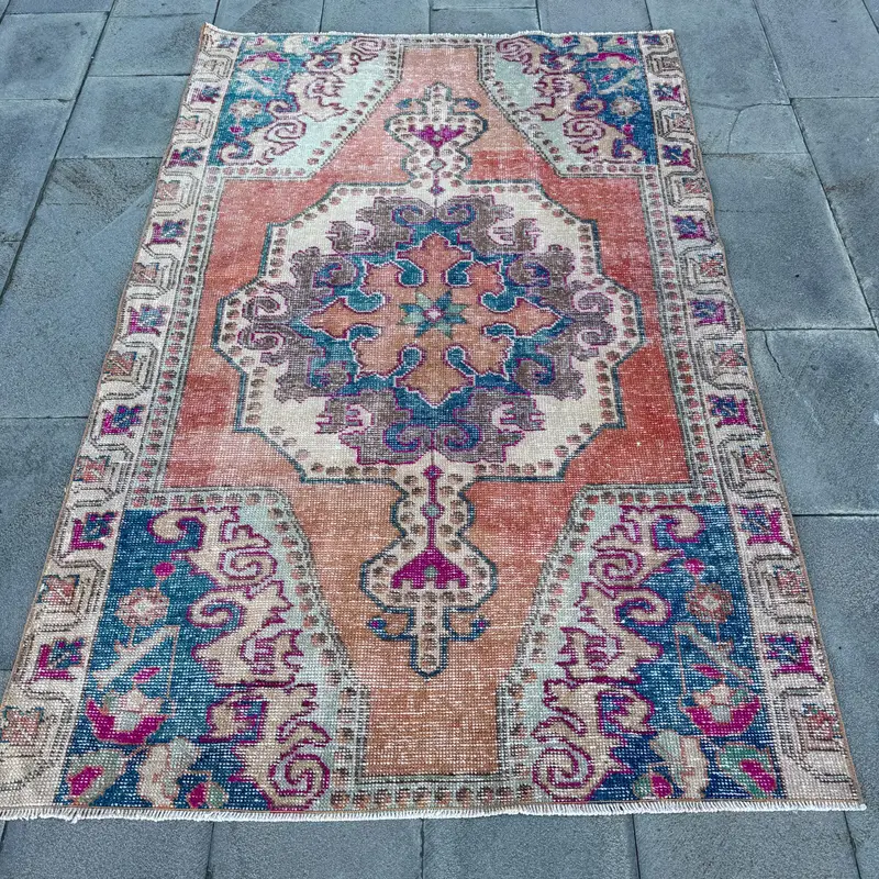 Vibrant Orange & Blue Rug, Southwestern Pattern 127x195 cm
