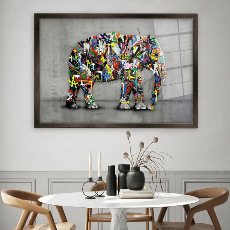 Elephant Graffiti Printed Glass: Modern, Colorful, Abstract Design