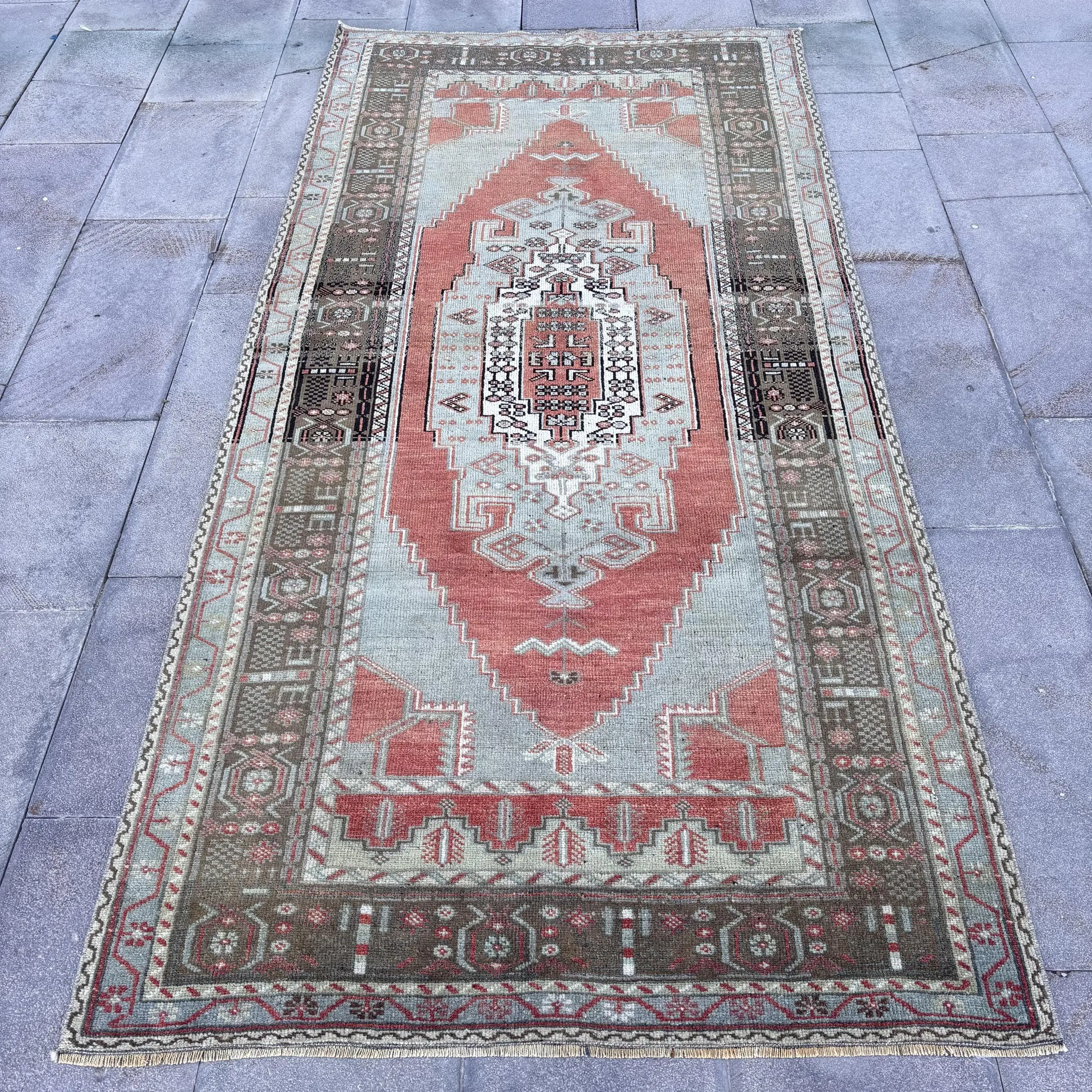 3.8x8 ft Vintage Turkish Rug, Area Rug, Red Gray Check Wool Rug - 1