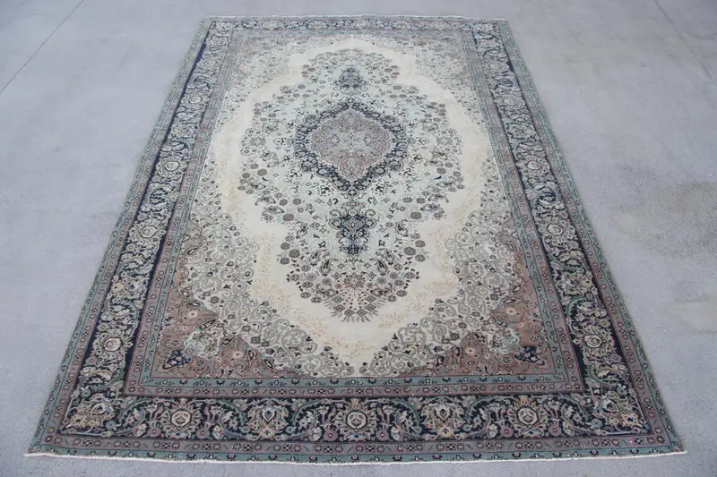 エレガントなベージュ&グリーンラグ、6.8x9.7フィート花柄&幾何学模様