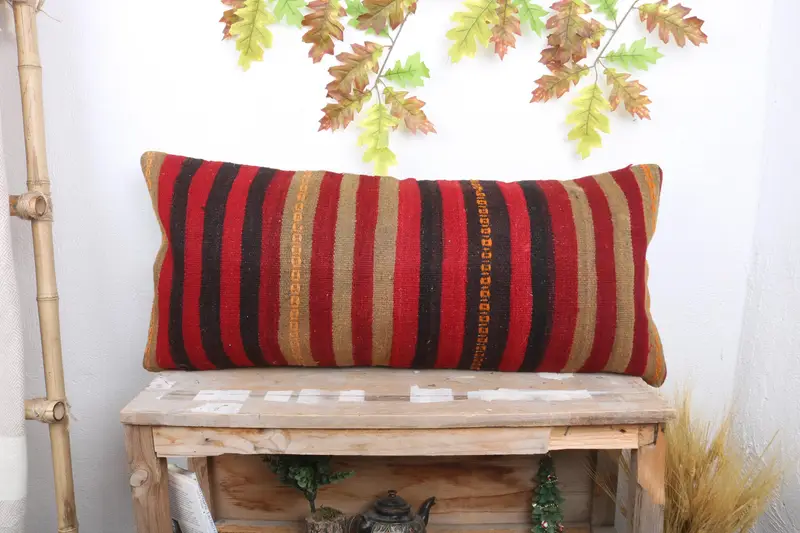 Turkish Kilim Pillow, Turkish Pillow, Cushion, Neutral Throw Pillow Sham, 16x36 Red Pillow Sham, Colorful Pillow Case, Vintage Kilim Throw Pillow - 1