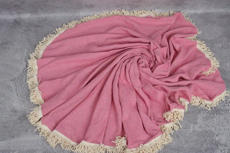 Turkish Towel Custom Beach Towel Fuchsia Beige Round, 63x63 Inches