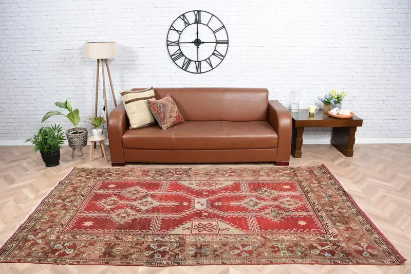 Türk Vintage Halısı, 5.2x9 ft Oushak Halısı, Kırmızı Kahverengi Çiçekli Halı - 1