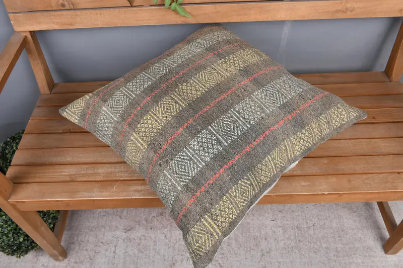 Yastık, 24x24 sarı yastık kapağı, etnik Kilim halı yastığı, vintage Kilim yastığı, atma Kilim yastığı, parlak yastık örtüsü - 2