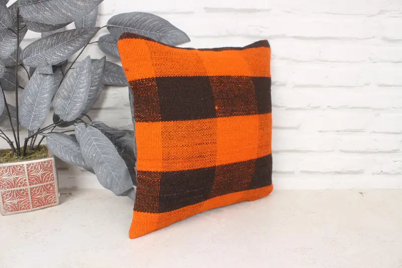 Pillow Cover, Sofa Bolster Pillow Cover, Antique Pillows, 14x14 Orange Pillow Case, Tribal Cushion Cover, Kilim Pillow Cover, Pillow for Couch - 3