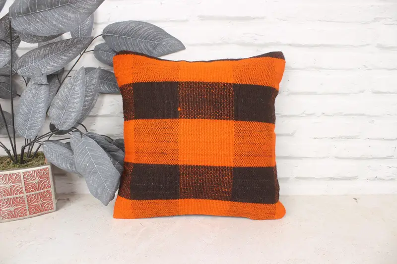 Pillow Cover, Sofa Bolster Pillow Cover, Antique Pillows, 14x14 Orange Pillow Case, Tribal Cushion Cover, Kilim Pillow Cover, Pillow for Couch - 1