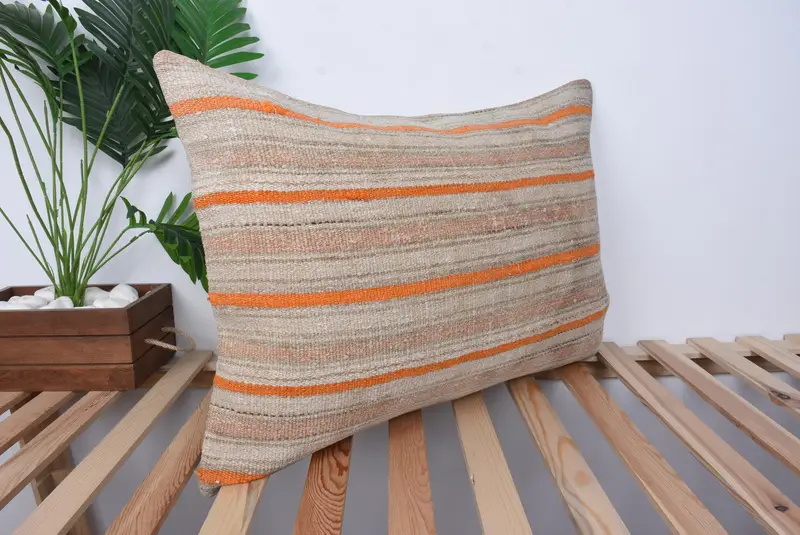 Sofa Bolster Cushion Case, Floor Pillow Case, Turkish Pillow, Kilim Pillow Cover, 20x28 Orange Pillow Sham, Vintage Kilim Pillow, Cushion Case - 4