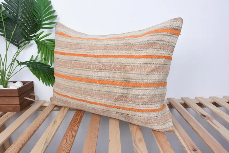 Sofa Bolster Cushion Case, Floor Pillow Case, Turkish Pillow, Kilim Pillow Cover, 20x28 Orange Pillow Sham, Vintage Kilim Pillow, Cushion Case - 5