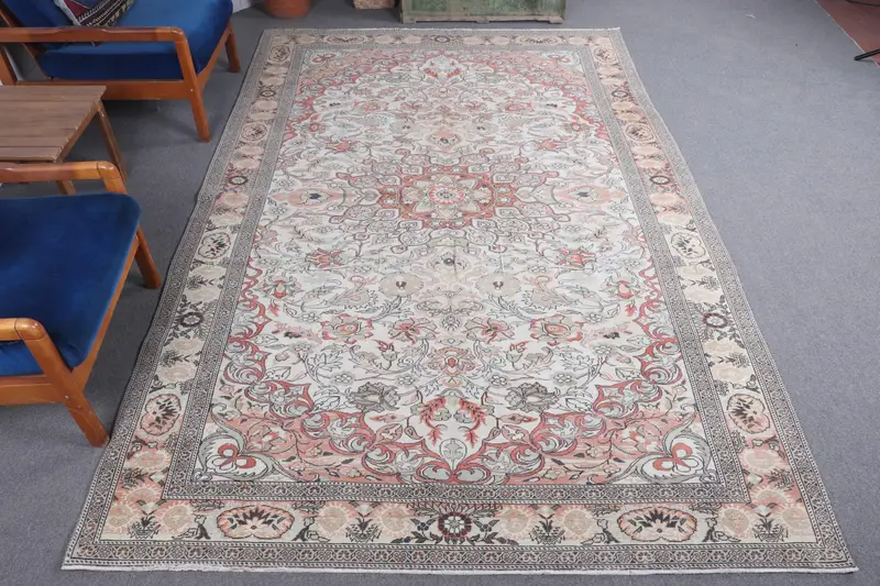 6.4x9.8 ft Vintage Halı, Türk Büyük Halı, Kırmızı Çiçekli Yün Halı - 1