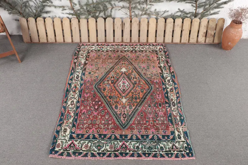 Handmade Orange & Blue Rug, 3,2x6 ft Geometric Floral