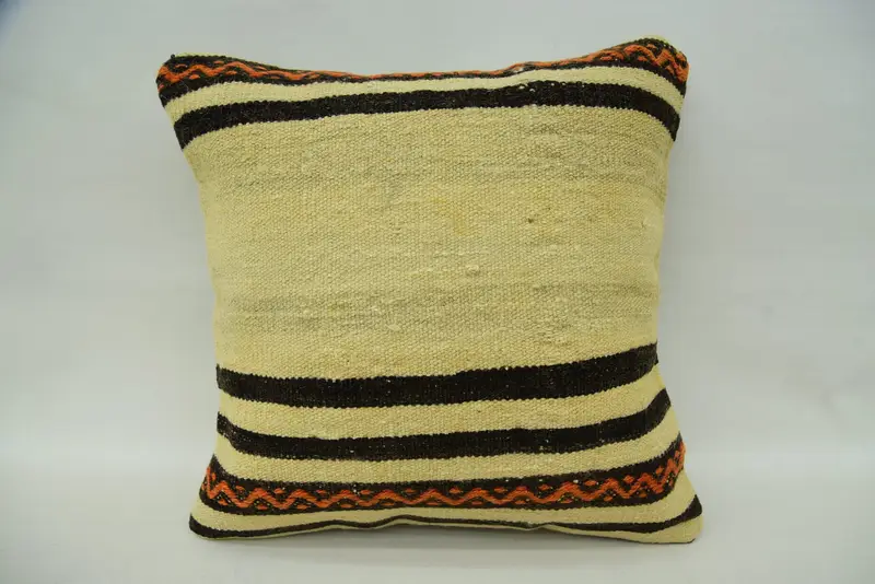 Throw Striped Wool Pillowcase, Antique 16x16 inch Beige Pillow Cover - 1