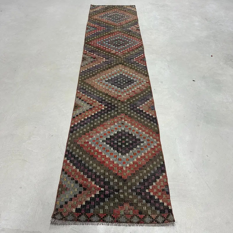 Turuncu ve Mor Kareli Halı, 2,3x10,7 ft Şık Dekor