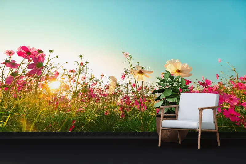 Printed Spring Landscape Wallpaper: Pink Flowers Nature View