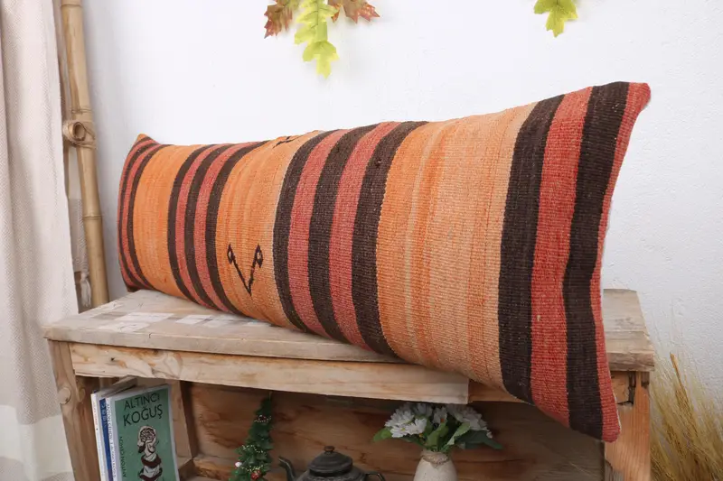 Shabby Chic Cushion Case, Oriental Pillow Case, 12x36 Orange Cushion Cover, Vintage Pillow, Vintage Kilim Throw Pillow, Pillow, Vintage Kilim Pillow - 4