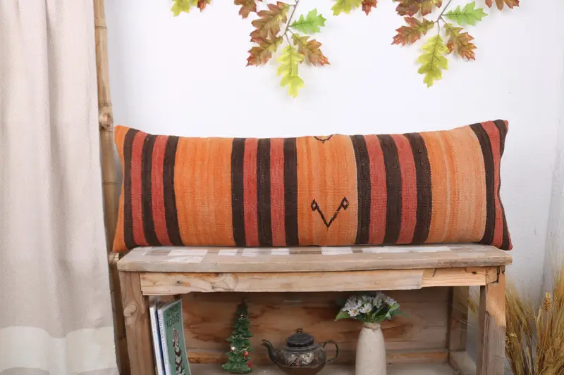 Shabby Chic Cushion Case, Oriental Pillow Case, 12x36 Orange Cushion Cover, Vintage Pillow, Vintage Kilim Throw Pillow, Pillow, Vintage Kilim Pillow - 1