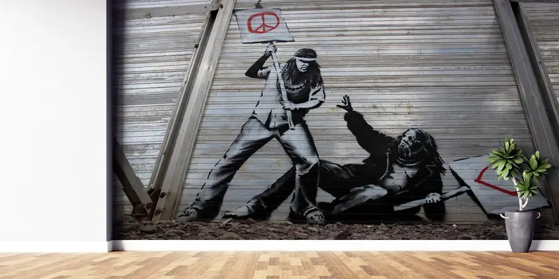 Peace vs. Love,Modern Wall Paper,Street Wall Art,Bansky Peace Wall Art,Bright Wall Paper,3d Wall Paper,Graffiti Wall Painting, - 1