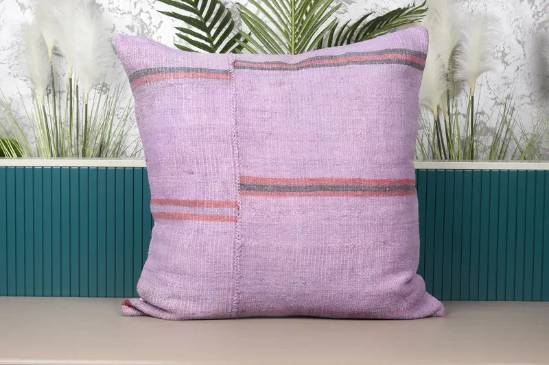 Cojín cuadrado grande vintage a rayas, funda de almohada marroquí de jardín rosa de 32 x 32 pulgadas - 1