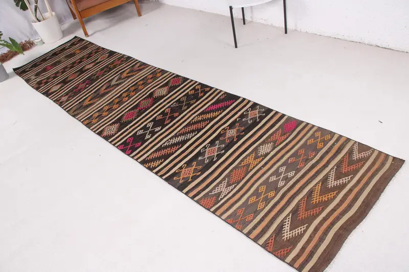 Vintage Turkish Rug, 2.6x11.1 ft Kilim Rug, Brown Floral Wool Rug - 1