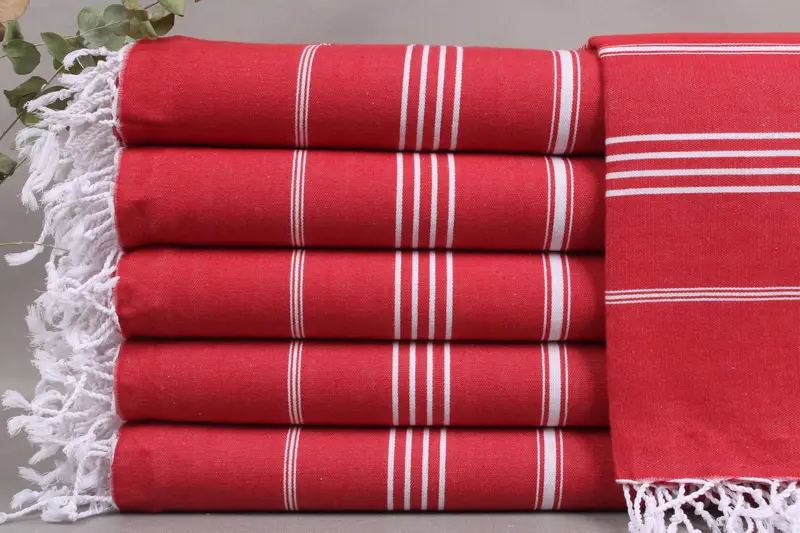 Organic Turkish Cotton Towel, Red with Beige Stripes, 38x73 Inches