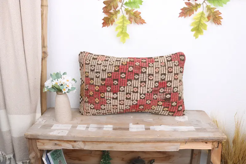 Colorful Pillow Case, Lounge Throw Cushion Cover, Kilim Pillow Cover, 12x20 Red Cushion Case, Cushion Case, Boho Pillow, Gift Pillow - 1