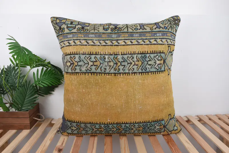 Almohada de tiro del suroeste marrón y beige, cojín bordado vintage