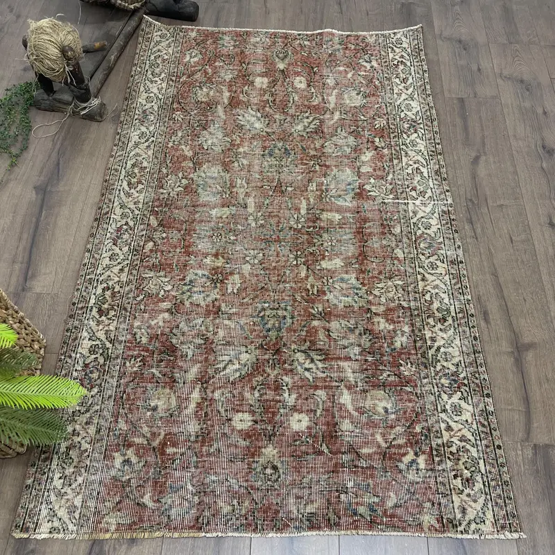 ターキッシュ アクセント ラグ 3.6x5.7 フィート、ヴィンテージ Oushak ブラウン チェック ウール ラグ - 1