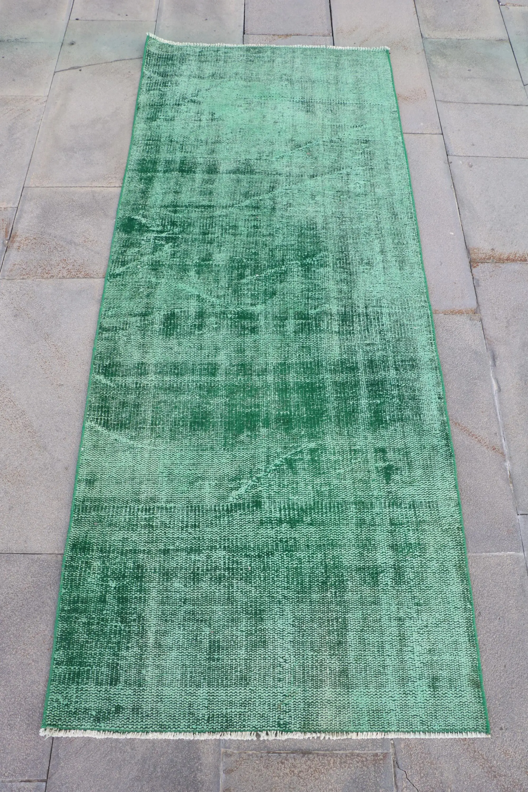 Vintage Runner Rug 2.6x6.7 ft, Turkish Green Floral Wool Rug - 1