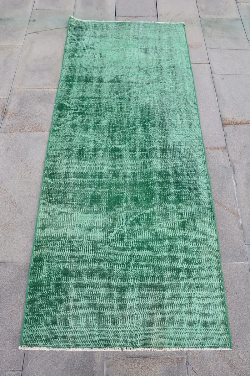 Zarif Yeşil Halı, 2,6x6,7 ft Geometrik Çiçek Desenli