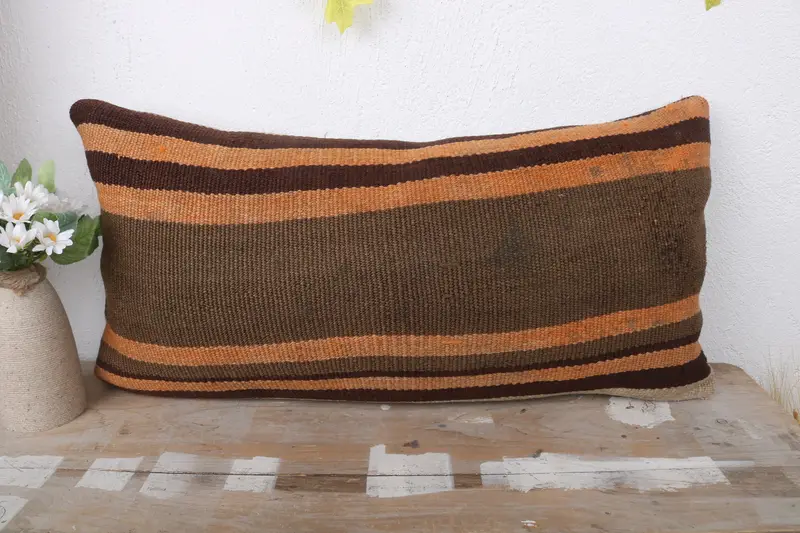 Decorative Throw Pillow Case, Antique Pillows, Pillow Sham, Anatolian Cushion Case, Vintage Kilim Pillow, 12x24 Brown Pillow Cover, Pillow for Sofa - 2