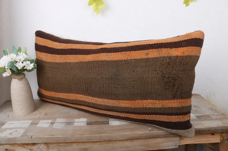 Decorative Throw Pillow Case, Antique Pillows, Pillow Sham, Anatolian Cushion Case, Vintage Kilim Pillow, 12x24 Brown Pillow Cover, Pillow for Sofa - 4