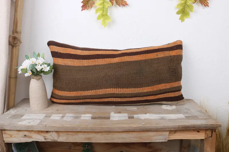 Decorative Throw Pillow Case, Antique Pillows, Pillow Sham, Anatolian Cushion Case, Vintage Kilim Pillow, 12x24 Brown Pillow Cover, Pillow for Sofa - 1