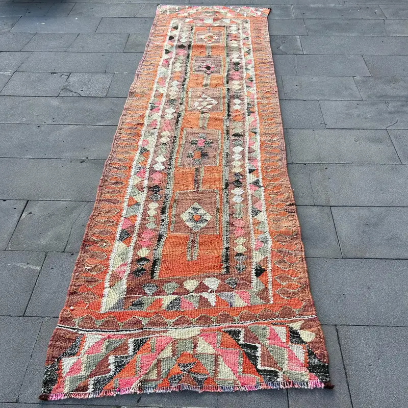 Turkish Rug, Runner 3x10.5 ft Vintage Rug, Red Patchwork Wool Rug - 1