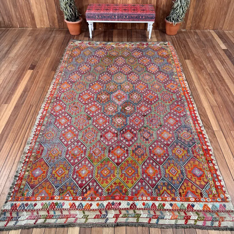 6,4x10,5 ft türkischer Teppich, großer Vintage Teppich, rot blau floraler Wollteppich - 1