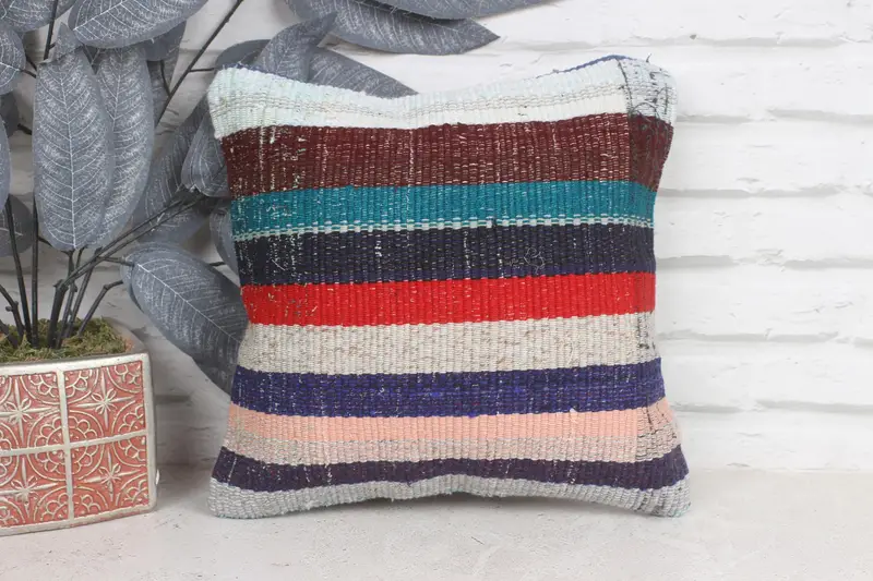 Wool Kilim Pillow Pillow, Pillow Sham, 12x12 Blue Pillow Sham, Pillow for Couch, Authentic Pillow, Boho Chic Cushion, Gift Pillow, Turkish Pillow - 1