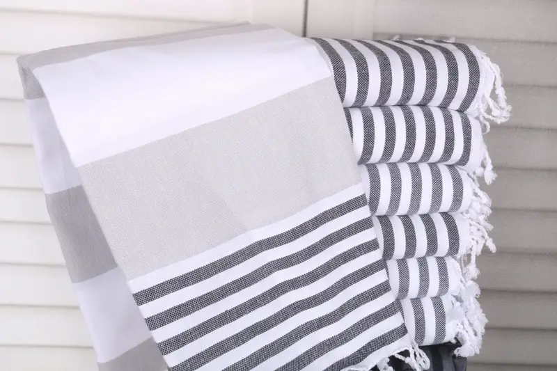 Bath Towel Gray-Black Cotton Striped, 40x71 Inches