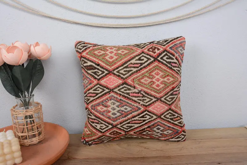 Pillow Sham, 14x14 Pink Pillow, Comfy Throw Cushion Cover, Vintage Pillow, Turkish Rugs Pillow Cover, Vintage Kilim Pillow, Interior Designer Pillow - 2