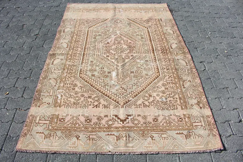 Vintage Area Rug 4.5x6.9 ft, Brown Moroccan Turkish Wool Rug - 1