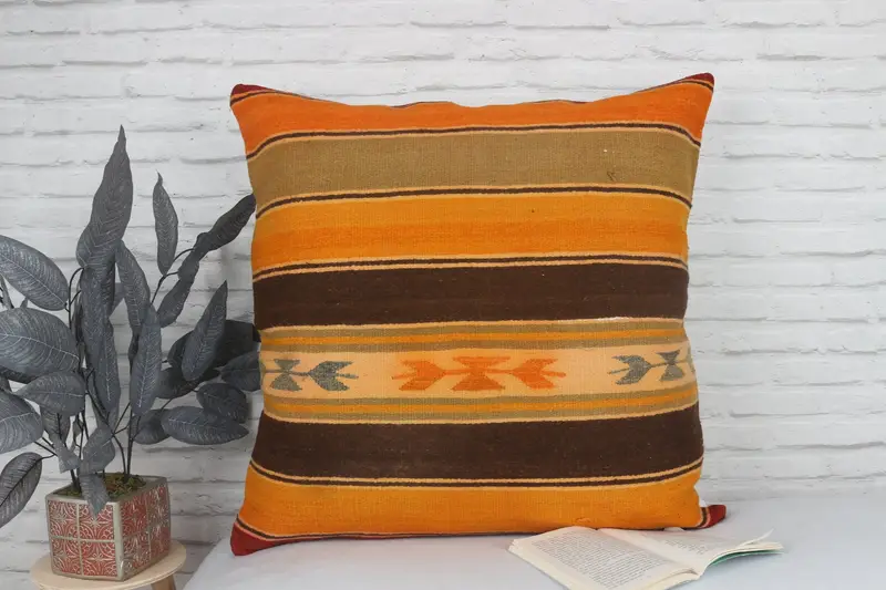 Kilim Cushion Sham, Pillow Case, Antique Pillows, Living Room Throw Pillow, Interior Designer Pillow, Armchair Pillow Cover, 28x28 Orange Cushion - 2