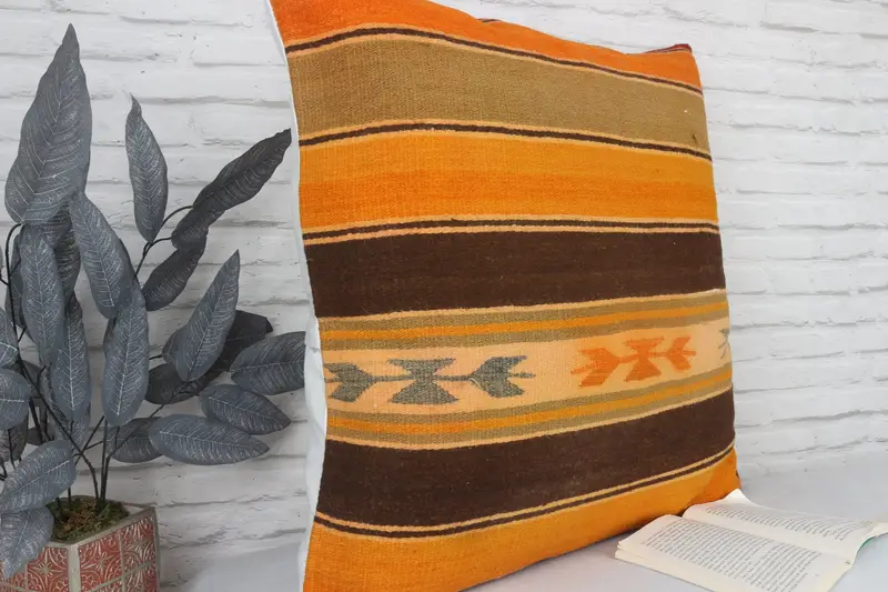 Kilim Cushion Sham, Pillow Case, Antique Pillows, Living Room Throw Pillow, Interior Designer Pillow, Armchair Pillow Cover, 28x28 Orange Cushion - 3