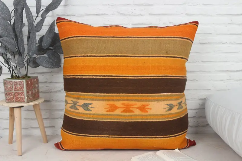 Kilim Cushion Sham, Pillow Case, Antique Pillows, Living Room Throw Pillow, Interior Designer Pillow, Armchair Pillow Cover, 28x28 Orange Cushion - 1