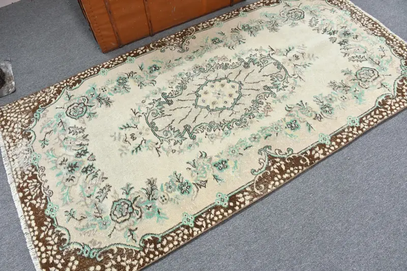 Vintage Türk Alan Halısı 3,6x7,1 ft (111x215 cm), Kahverengi Ombré Oushak Halı - 1