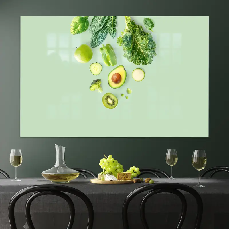 Zarif Baskılı Cam: Yeşil Elma, Kivi, Salata, Brokoli Teması