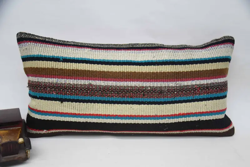 Striped Vintage Farmhouse Pillow Sham, Wool Moroccan 12x24 inch Blue Cushion - 1