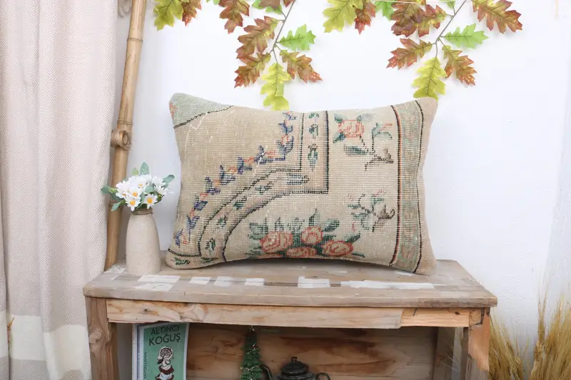 Beige & Bronze Floral Embroidered Pillow, Vintage 16x24 Throw Pillow