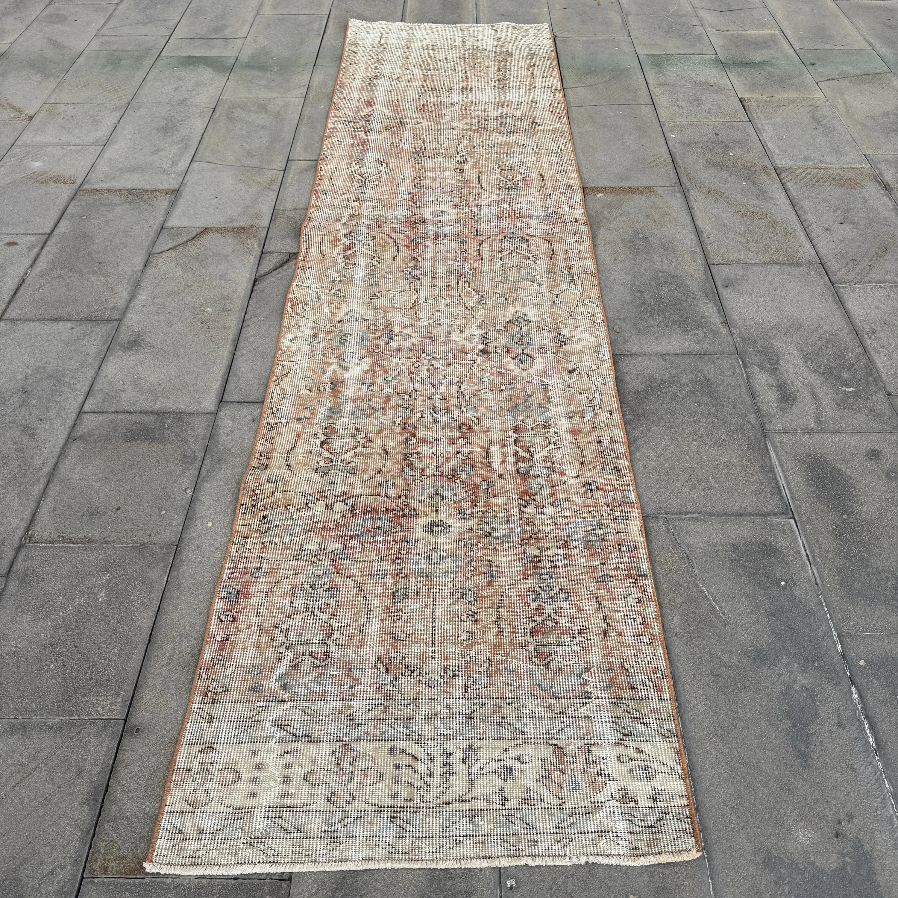Vintage Rug, 2.7x10.3 ft Runner Rug, Brown Abstract Wool Turkish Rug - 1
