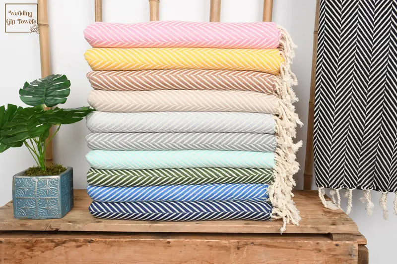 Turkish Beach Towel Monogrammed Cotton Herringbone, Beige, 40x70 Inches