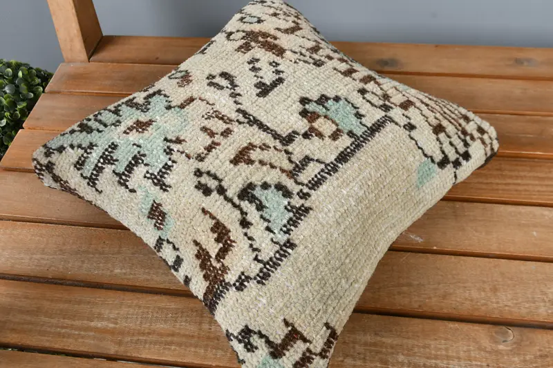 Turkish Kilim Pillow, Retro Pillow, 12x12 Beige Cushion Cover, Pillow Sham, Interior Designer Pillow, Ethnical Kilim Rug Pillow - 2
