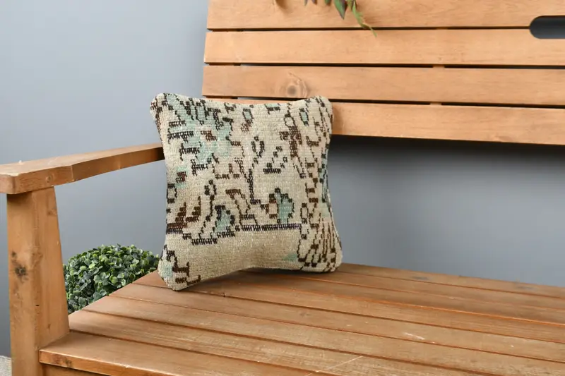 Turkish Kilim Pillow, Retro Pillow, 12x12 Beige Cushion Cover, Pillow Sham, Interior Designer Pillow, Ethnical Kilim Rug Pillow - 1