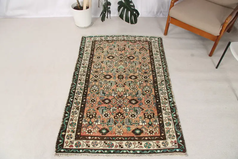 Vintage Turkish Rug, 3.3x5 ft Oushak Rug, Brown Patchwork Wool Rug - 1