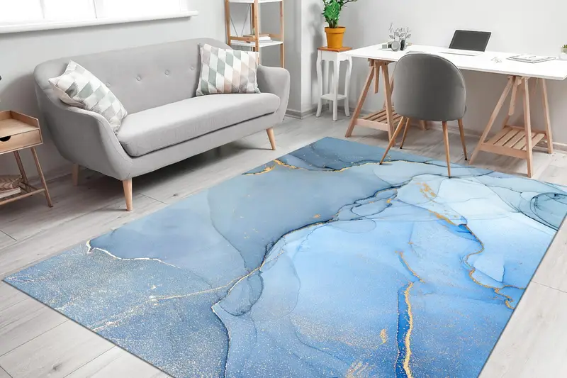 Alfombra contemporánea con estampado brillante: diseño de mármol azul y oro